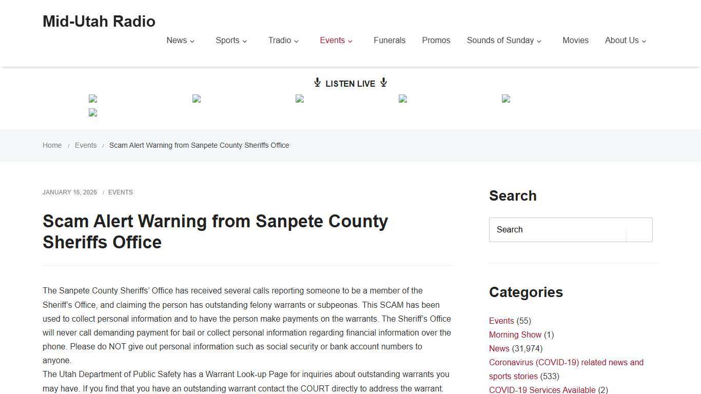 Scam Alert Warning from Sanpete County Sheriffs Office - Mid-Utah Radio